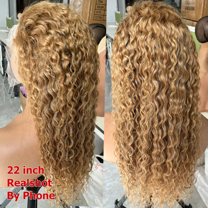 Elegant display of the Honey Blonde Lace Front Wig, emphasizing the luxurious feel and sophistication of Indian Remy human hair with water wave texture.