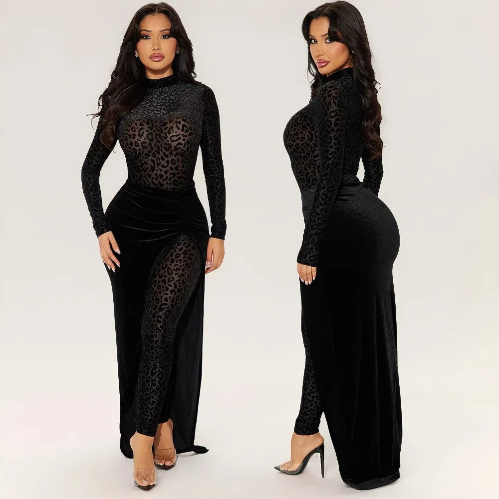 Complete stylish look with CM.YAYA leopard velvet jumpsuit, paired with a matching long skirt, ideal for autumn events.