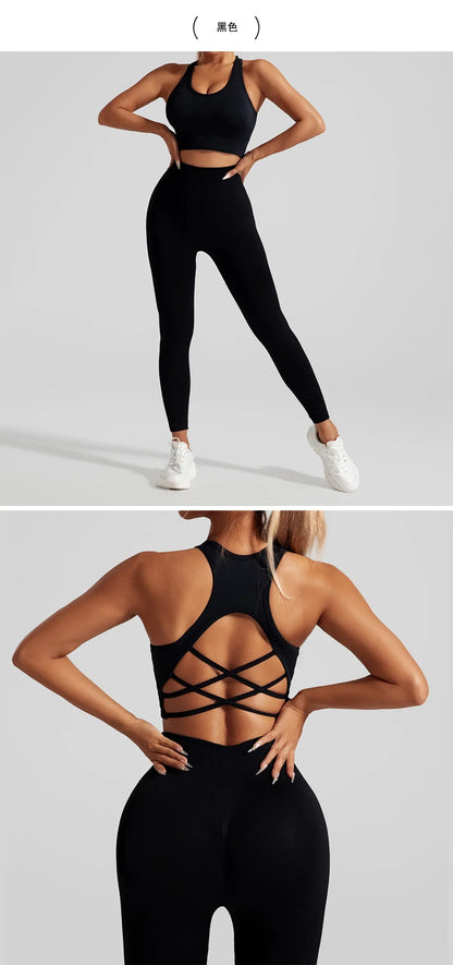 Complete luxury seamless yoga ensemble for women, elegantly combined crop top and leggings, embodying sophistication in activewear.