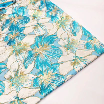 Close-up view of intricate Bazin Riche details on a luxurious African women's Brocade Boubou Dress.