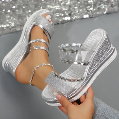 Luxury women's wedge sandals featuring shiny open toe design with platform heels, perfect for parties. Available in sizes 5-10.