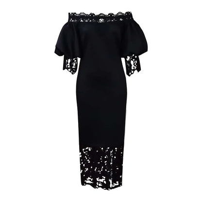 Dramatic view of a women's lace midi dress with off-shoulder sleeves, exuding grace and charm for evening gatherings.