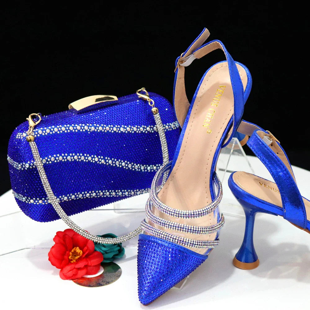 Exquisite Venus Chan women's pointed toe black heels adorned with a shimmering rhinestone chain, perfect for glamorous parties.