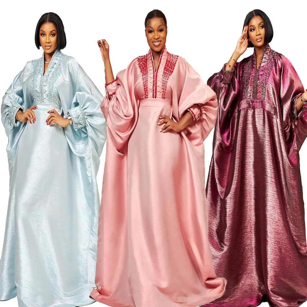 Elegant V-neck dress adorned with rhinestones, perfect for women attending African church events, embodying style and cultural significance.