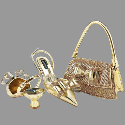 Elegant handbag matching the rhinestone butterfly shoes, featuring a long chain shoulder strap, ideal for formal occasions.