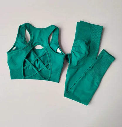 Luxury women's fitness set featuring a shockproof sports bra designed for ultimate support and comfort during yoga, complemented by high-waisted leggings showcasing a stylish back design.