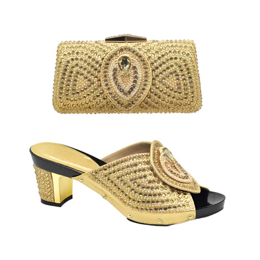 Elegant Italian ladies' high heel shoe set adorned with rhinestones, perfect for parties, featuring a sophisticated pairing with a matching handbag, available in sizes 37-43.