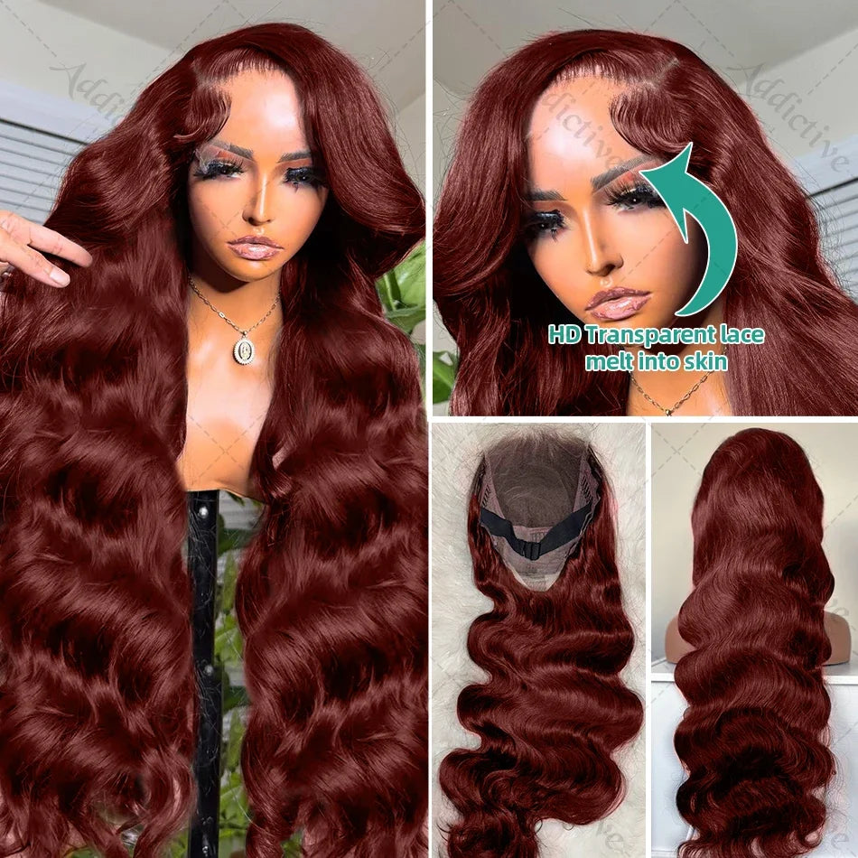 High-quality Swiss lace base 250% density body wave wig in long 30-32 inch length, showcasing stunning reddish brown tones for a luxurious appearance.