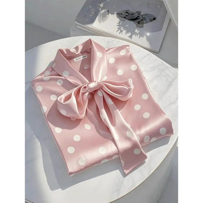 Stylish long sleeve satin blouse with an exquisite polka dot pattern and a loose fit, ideal for a luxury spring or summer wardrobe.