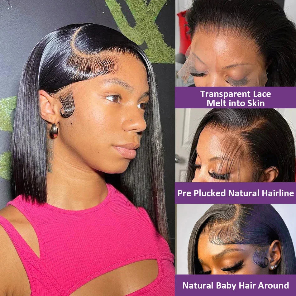 Elegant display of a 200% Remy human hair bob wig, highlighting its short straight texture and high-quality craftsmanship.