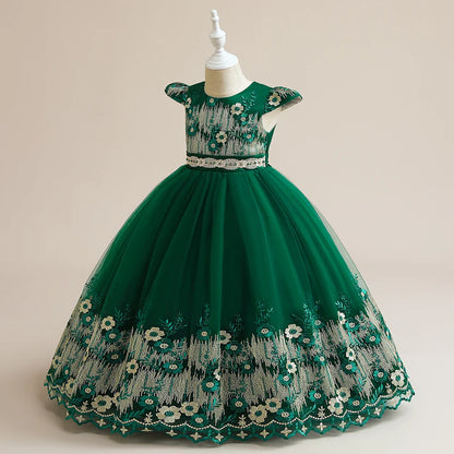 Elegant floral long princess dress for girls, featuring delicate embroidery and a ball gown silhouette, perfect for weddings, birthdays, and first communions.