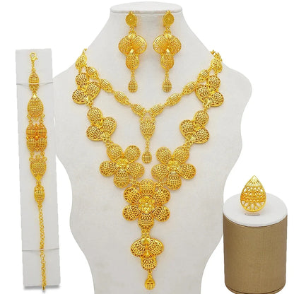 Beautiful bridal gold necklace and earrings set, exuding elegance and sophistication, designed for women who appreciate luxurious fashion jewelry.