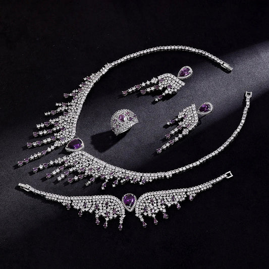 Luxury 4-piece bridal wedding jewelry set featuring elegant cubic zirconia stones in a geometric design, perfect for stylish brides.