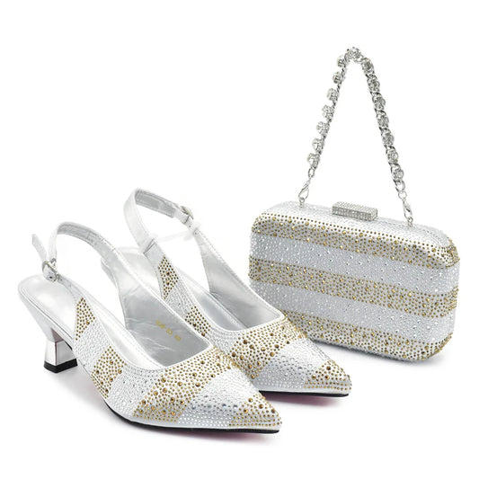 Stylish matching handbag accompanying luxurious Italian designer pumps, ideal for formal events and parties.
