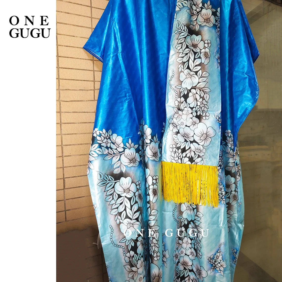 Luxury African Dashiki Wedding Dress in Blue Bazin Riche with Elegant Tassel Shawl, perfect for women seeking traditional style for weddings and special occasions.