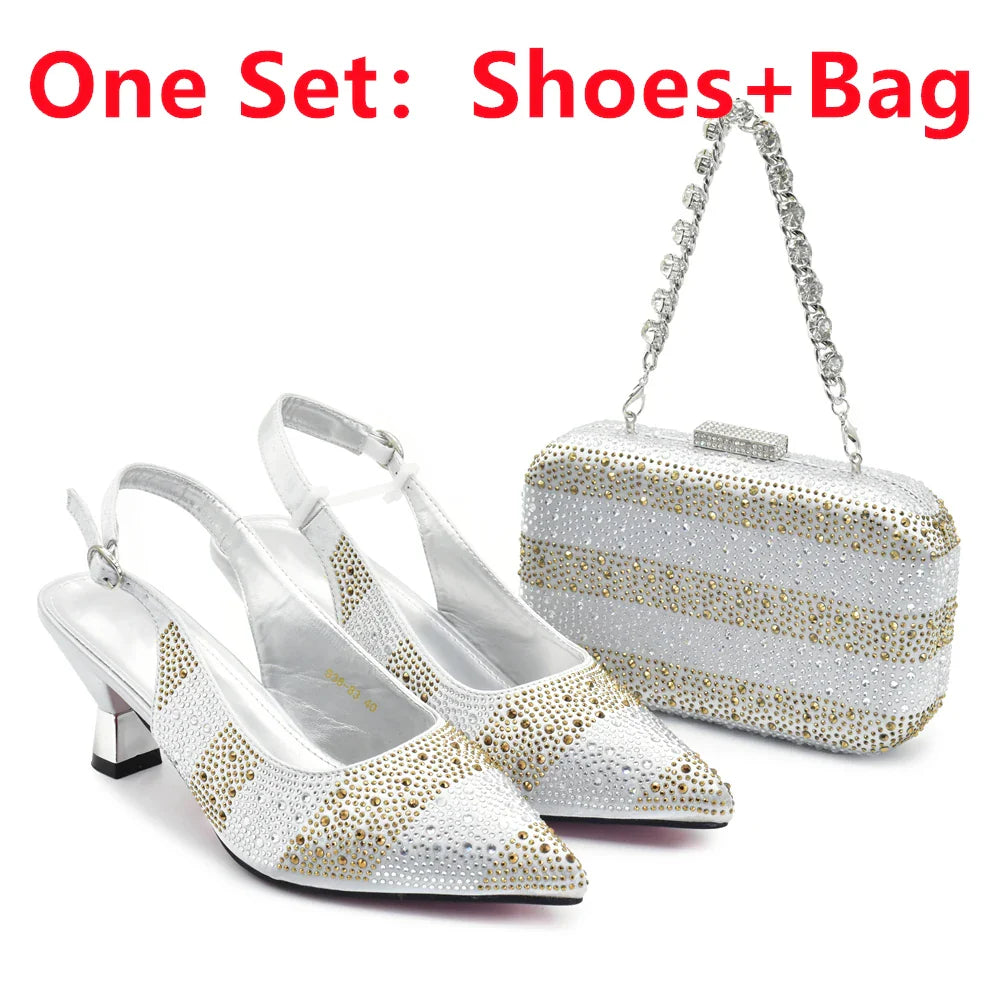 Elegant Italian designer women’s shoe and bag set featuring crystal embellished slingback pumps in luxurious silver, red, black, purple, and green colours, available in sizes 38-43 for sophisticated occasions.