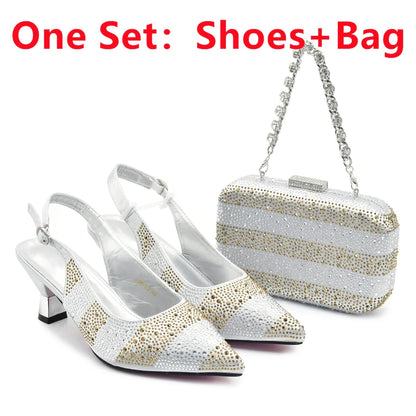 Elegant Italian designer women’s shoe and bag set featuring crystal embellished slingback pumps in luxurious silver, red, black, purple, and green colours, available in sizes 38-43 for sophisticated occasions.