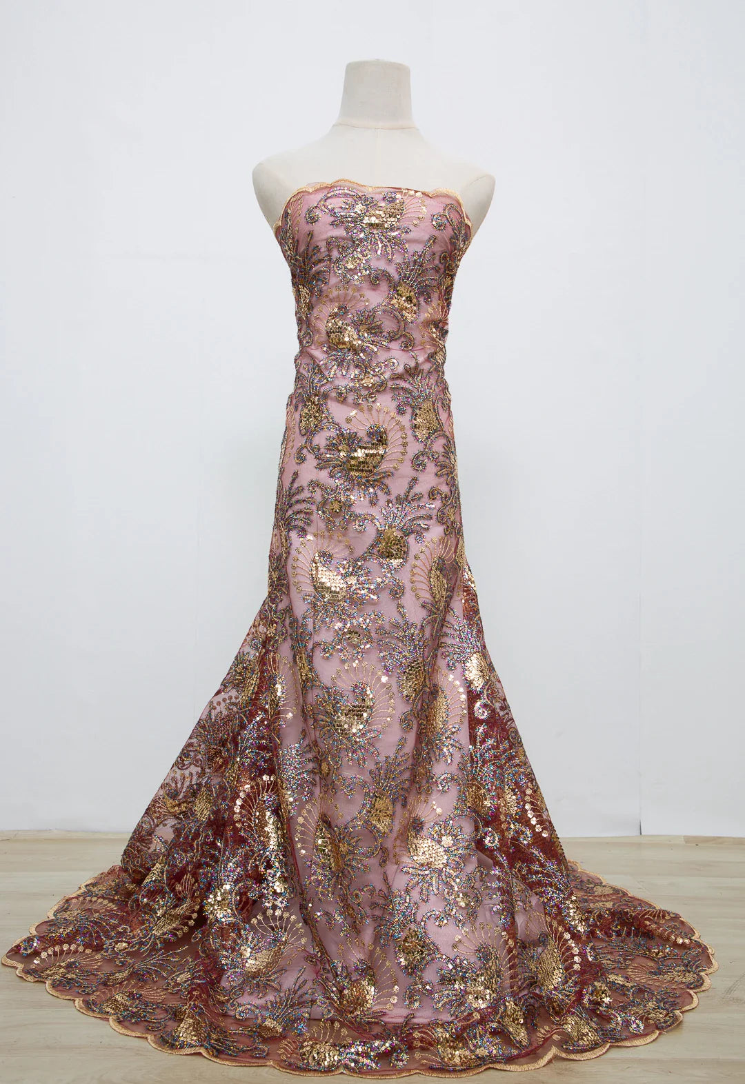 Sophisticated 5 yards of Kalume African lace fabric showcasing exquisite sequins, designed for bridal and evening wear.