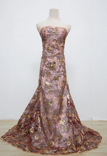 Sophisticated 5 yards of Kalume African lace fabric showcasing exquisite sequins, designed for bridal and evening wear.