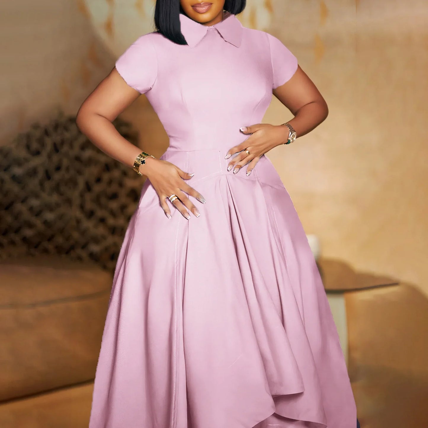 Elegant women's high-waisted pleated knee-length dress featuring a classic Peter Pan collar, designed for luxurious evening occasions, available in sizes S to XXXL.