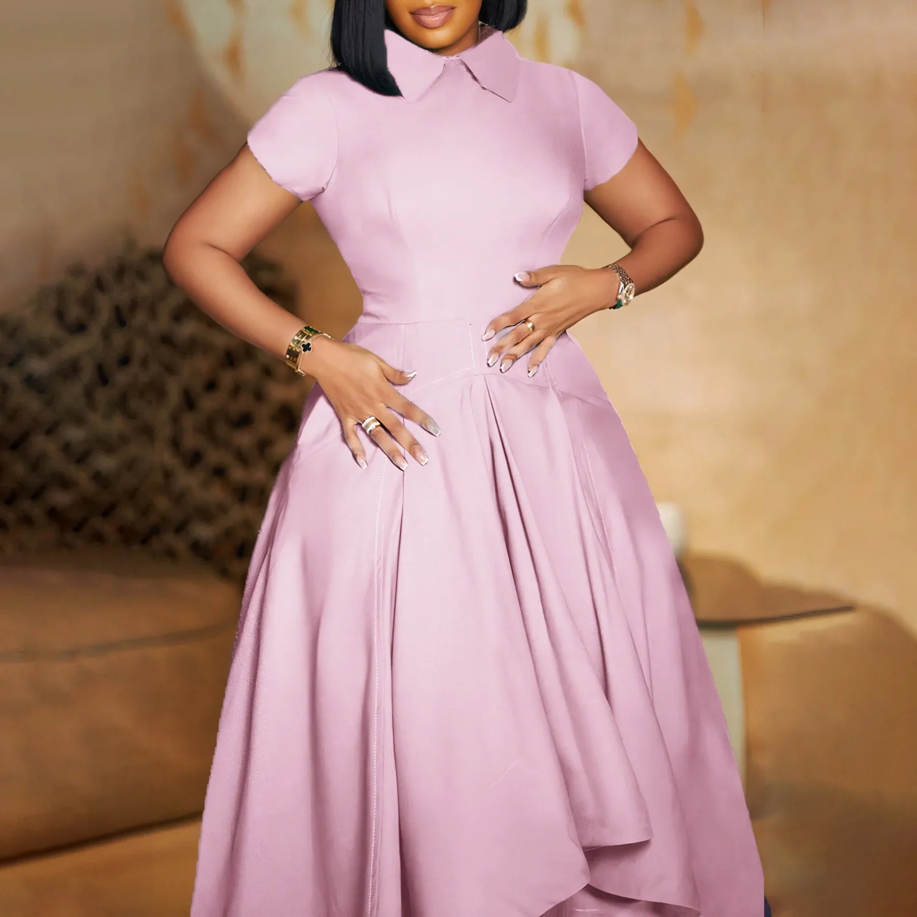 Elegant women's high-waisted pleated knee-length dress featuring a classic Peter Pan collar, designed for luxurious evening occasions, available in sizes S to XXXL.