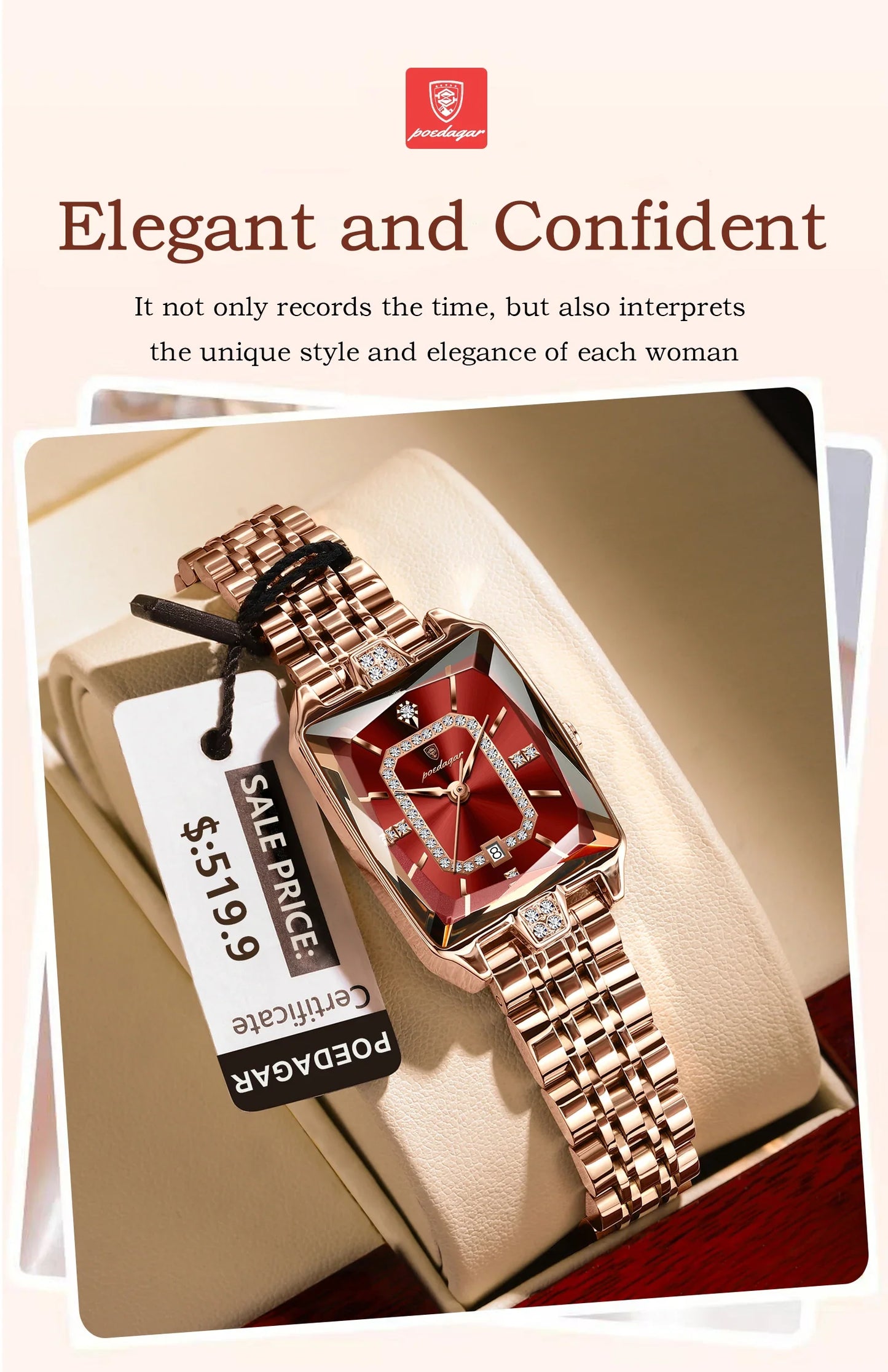 Fashionable waterproof rectangle watch by POEDAGAR designed for women, showcasing a sleek stainless steel finish and modern auto date function.