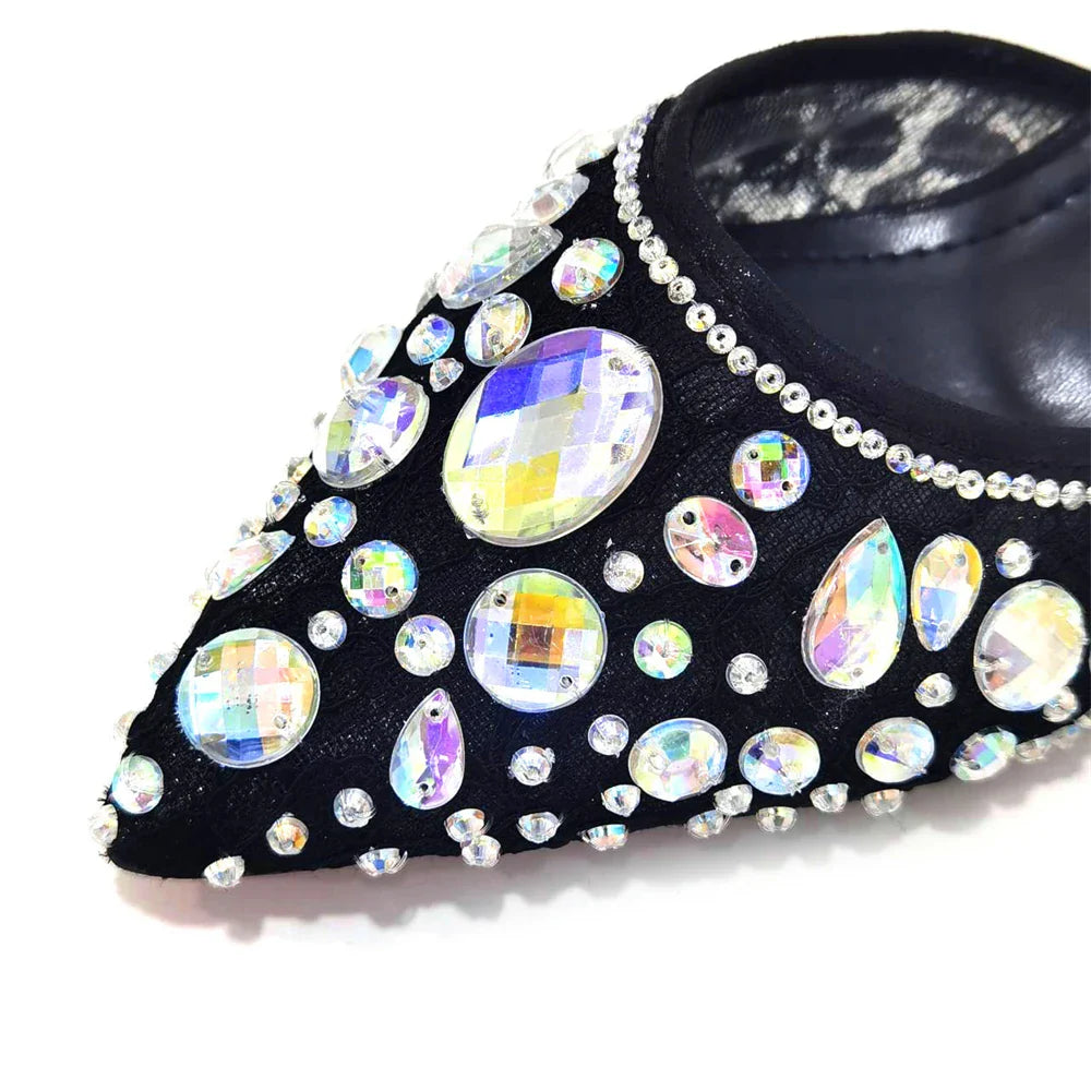 Detail shot of Venus Chan Elegant Lace High Heels, highlighting the exquisite bling fashion element and pointed toe design, offering a luxurious touch for special occasions.