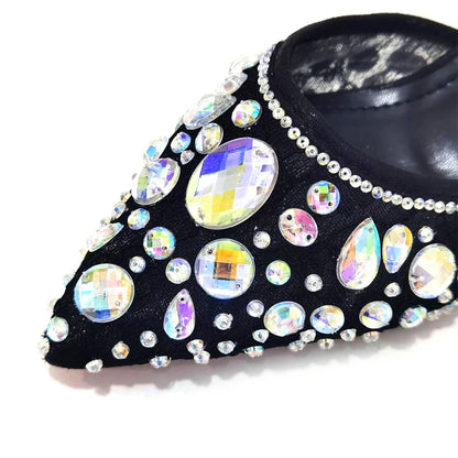 Detail shot of Venus Chan Elegant Lace High Heels, highlighting the exquisite bling fashion element and pointed toe design, offering a luxurious touch for special occasions.