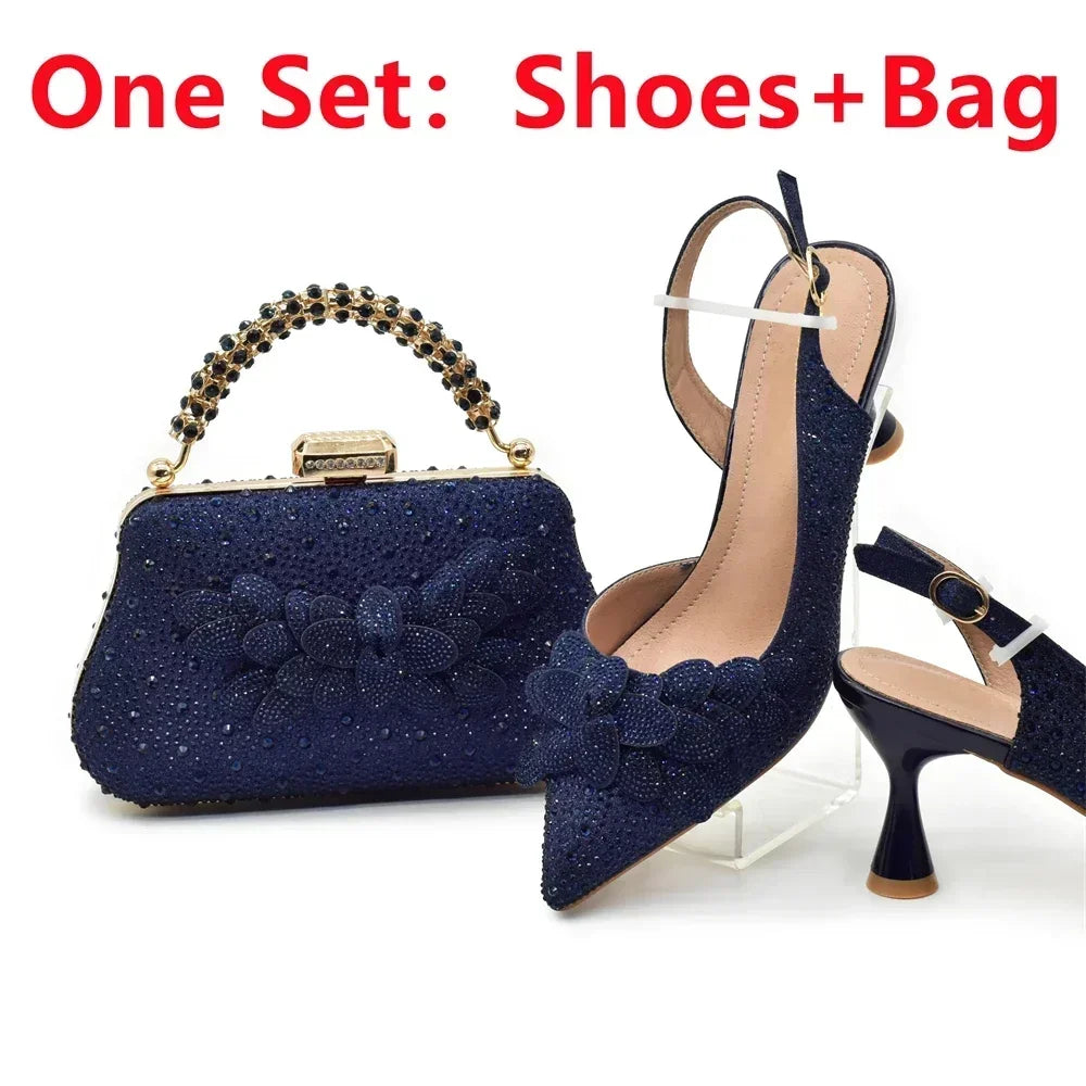 Sophisticated footwear ensemble featuring high heel pumps and a fashionable handbag, perfect for weddings or parties.