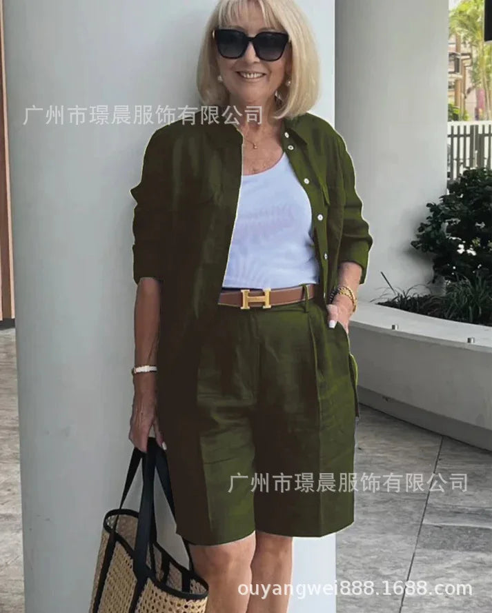 Trendy women's cardigan and shorts set in a luxurious finish, ideal for casual summer gatherings.