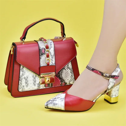 Matching elegant handbag designed to complement Italian women's high heel pumps, adorned with crystal details, ideal for sophisticated style and summer events.