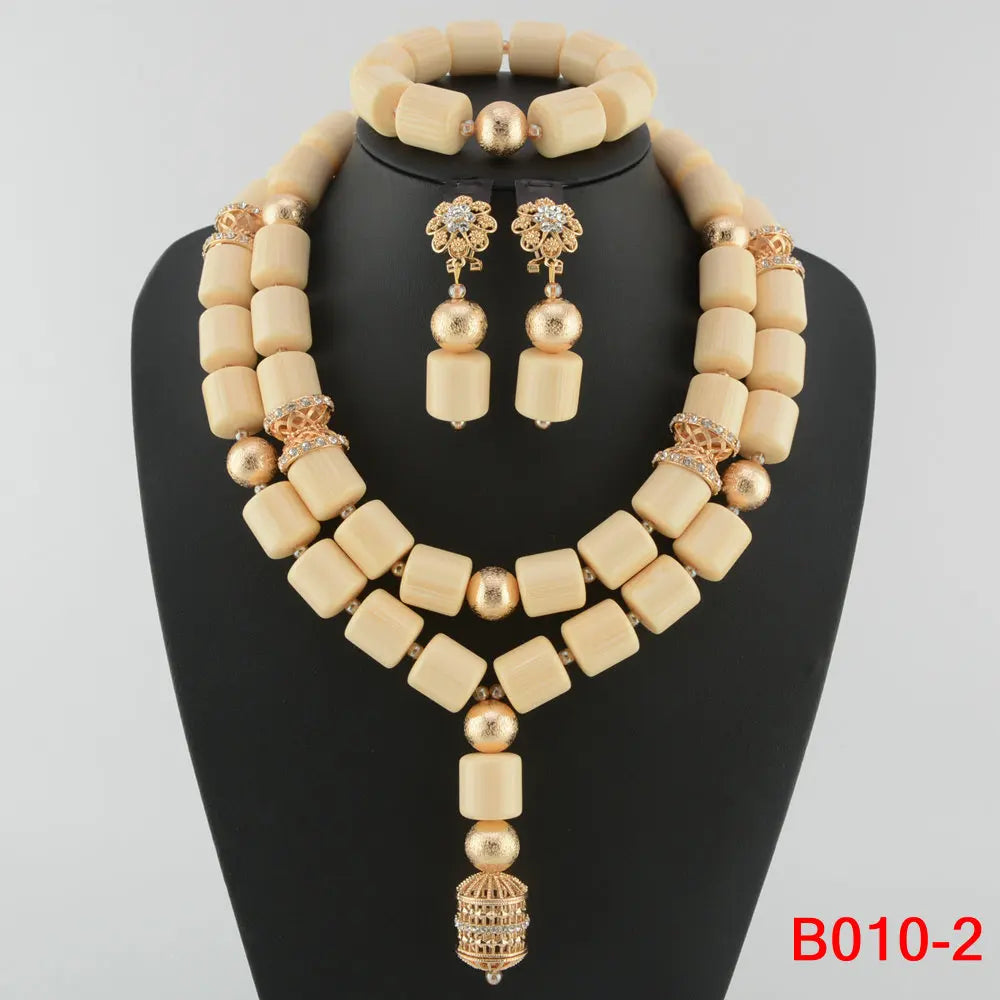 Elegant African wedding jewelry set featuring stunning resin beads, including necklace, earrings, and bracelet for women, showcasing classic design and upscale style.