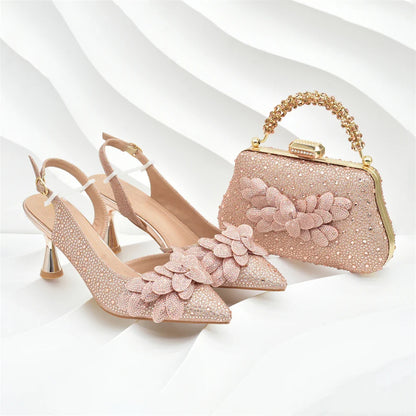 Stunning pointy toe high heel pumps and matching handbag in luxurious materials, reflecting a chic and sophisticated style for discerning women.