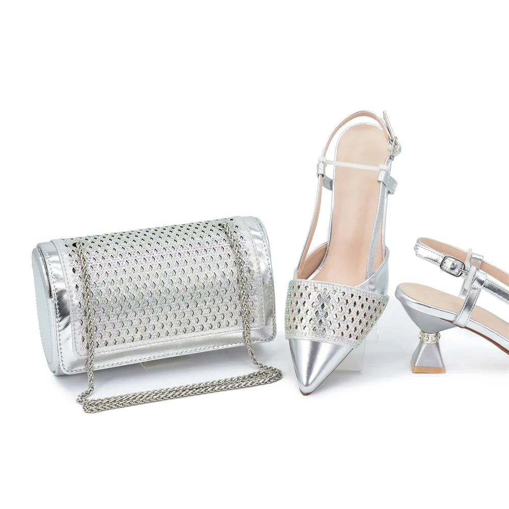 Elegant women's high heel slingback shoes with rhinestones in gold, part of an Italian shoe and matching bag set for sophisticated occasions.