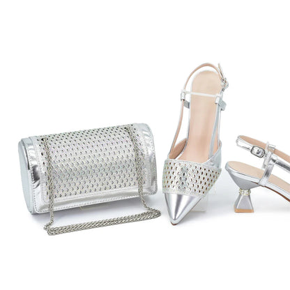 Elegant women's high heel slingback shoes with rhinestones in gold, part of an Italian shoe and matching bag set for sophisticated occasions.