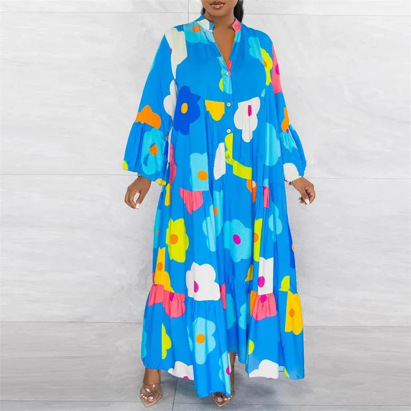 Close-up view of the intricate floral print on the elegant long sleeve shirt dress for women, showcasing vibrant colours and a luxurious fabric texture.