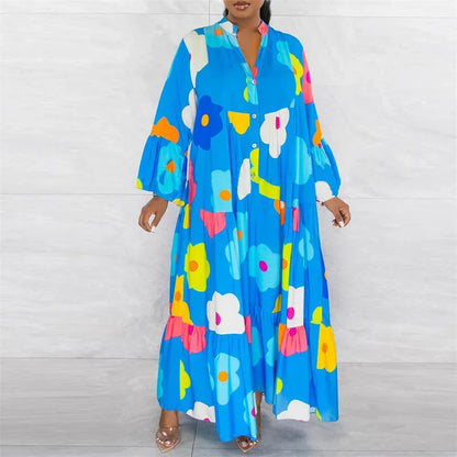 Close-up view of the intricate floral print on the elegant long sleeve shirt dress for women, showcasing vibrant colours and a luxurious fabric texture.