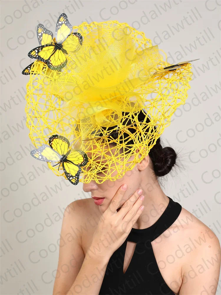 Luxurious butterfly fascinator headpiece in a sophisticated floral pattern, ideal accessory for church events and Derby attire, 30CM.