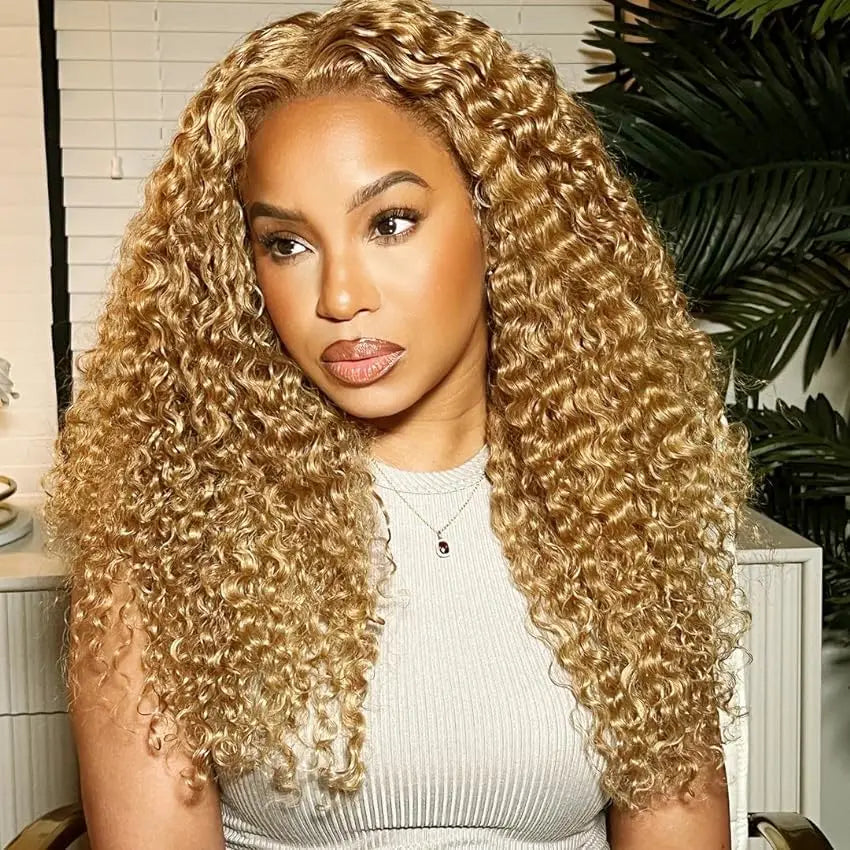 Stylish photo of a honey blonde water wave lace front wig, emphasizing the rich colour and versatile styling options for any occasion.