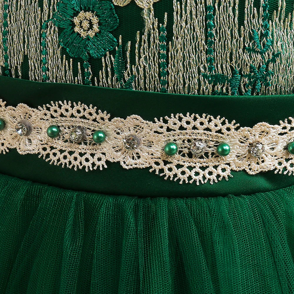 Stylish and cute long dress for girls featuring a floral motif, an elegant addition to any child's wardrobe for year-round festivities.