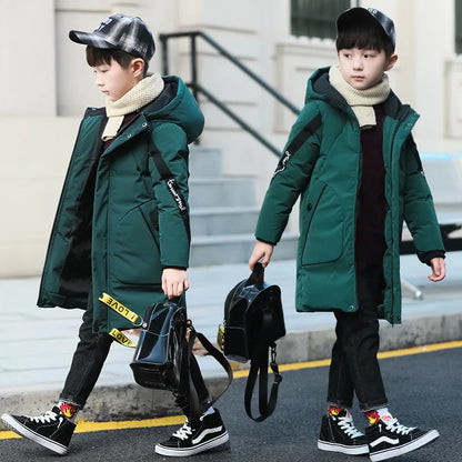 Boys luxury hooded camouflage down cotton jacket, a thicken warm winter windbreaker coat suitable for ages 5-12, showcasing premium design and comfort.