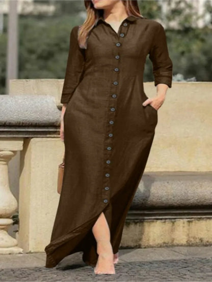 Women’s elegant ankle-length cotton blend shirt dress, featuring long sleeves and a sophisticated button closure, perfect for office settings.