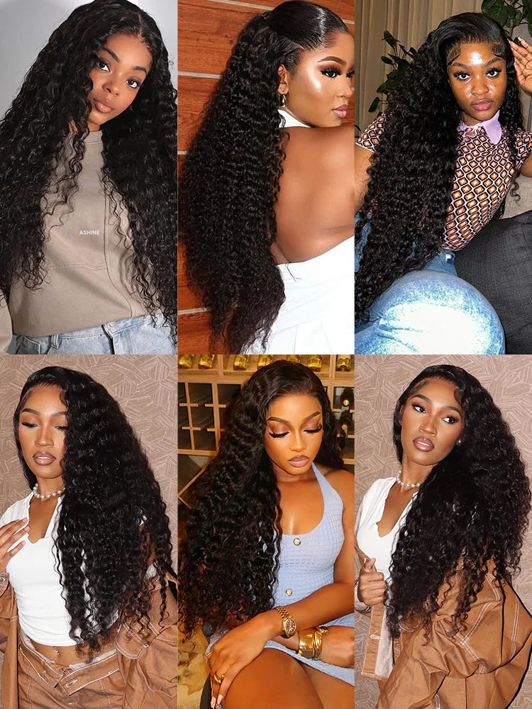 High-quality long lace frontal wig featuring deep wave texture, crafted from Brazilian Remy human hair, available in multiple lengths from 20'' to 40''.