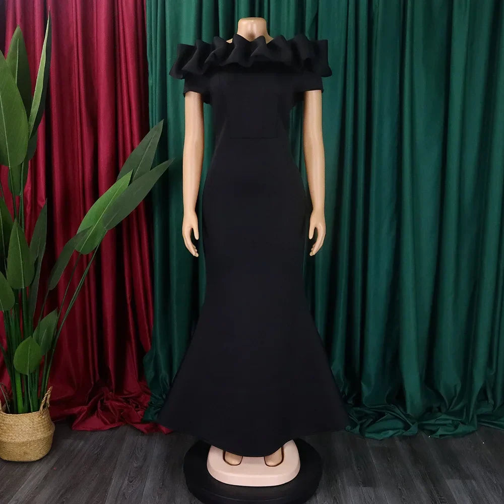 Stylish model wearing a luxurious off shoulder mermaid dress, embodying sophistication and allure, ideal for evening parties.