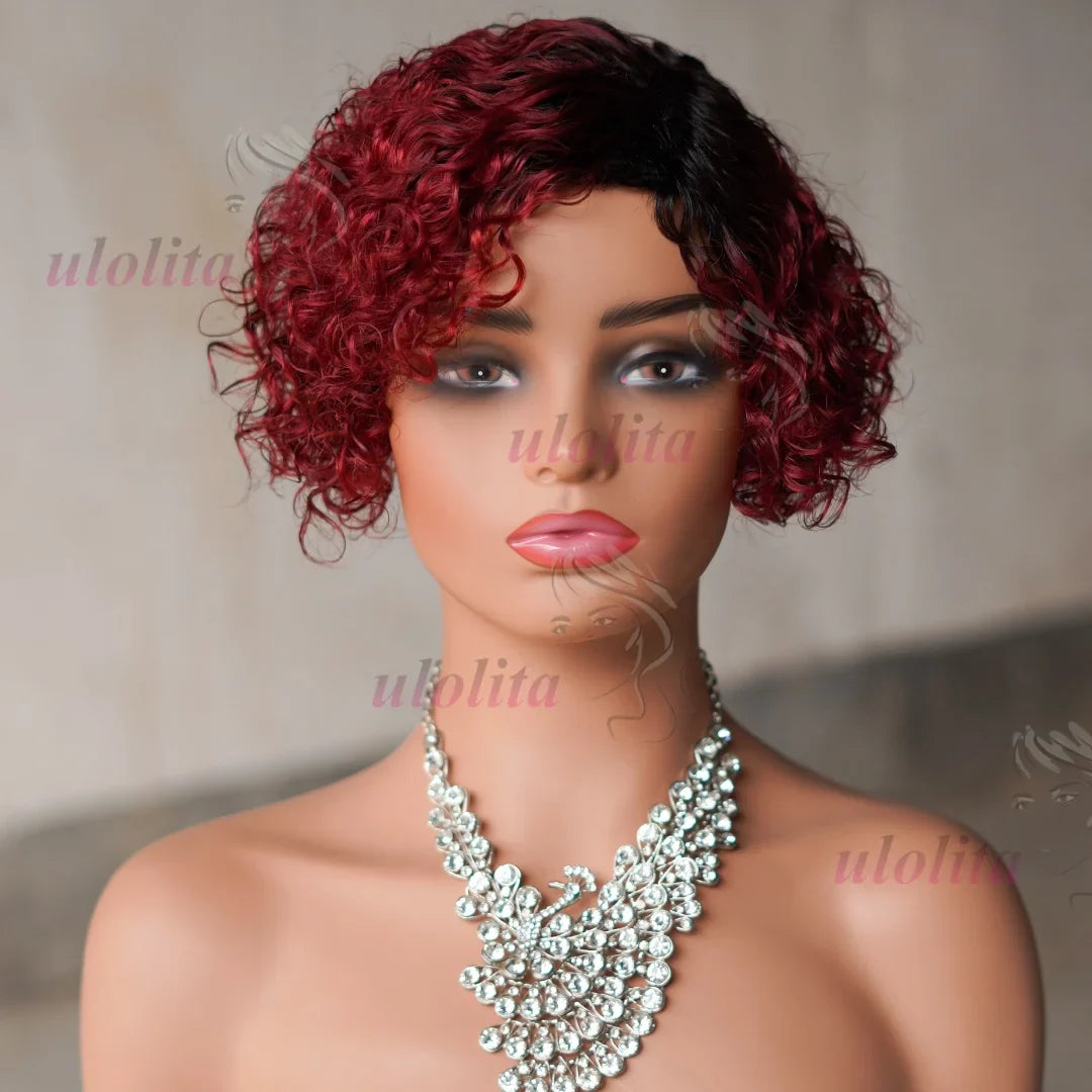 Ombre Blonde T1B27 Pixie Cut Curly Bob Wig styled elegantly, showcasing premium quality 100% Brazilian human hair and a sophisticated side part.