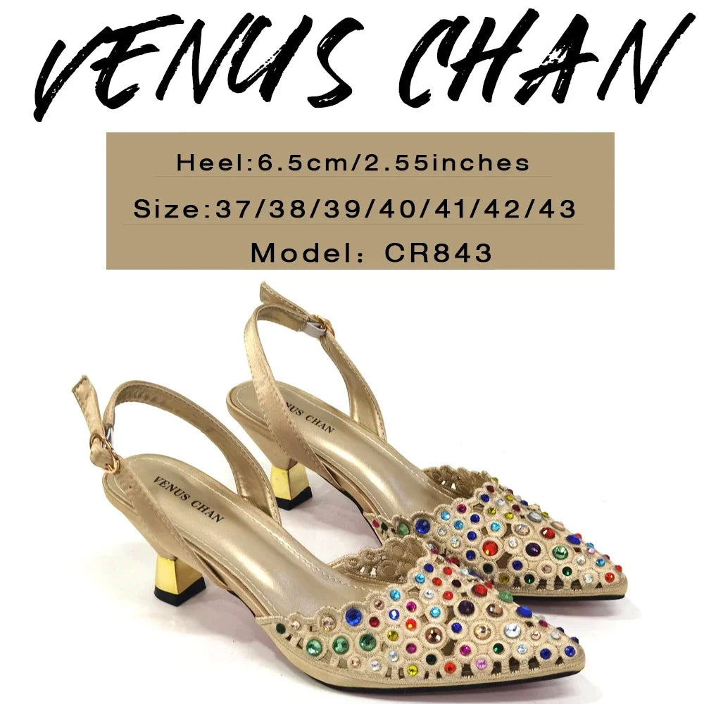 Complete women's party set featuring stylish gold high heels and a matching handbag by Venus Chan.