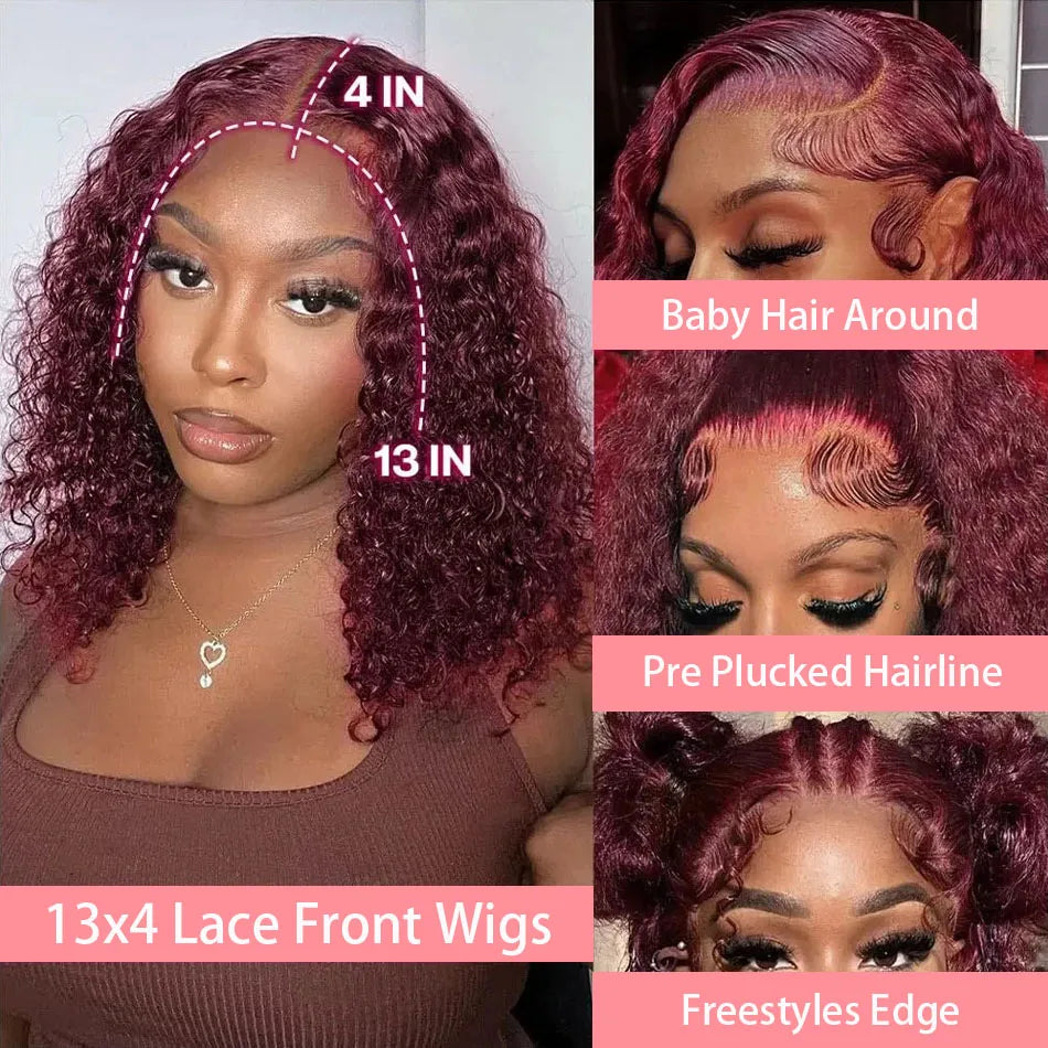 Luxurious 99J Red Curly Deep Wave 13x4 Lace Front Bob Wig, crafted from 100% Brazilian human hair, showcasing stunning curls and vibrant colour.