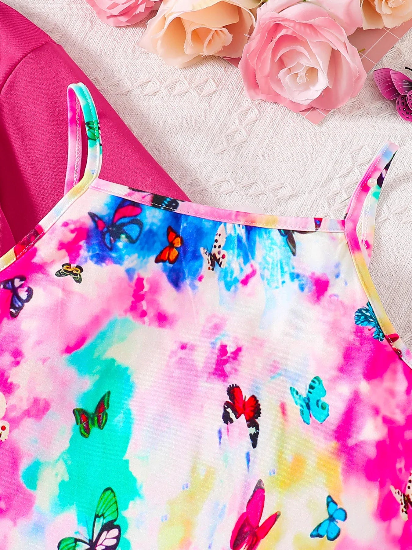 Charming girls' autumn outfit ensemble featuring the butterfly skirt and solid top, ideal for chic young fashionistas aged 7-13.