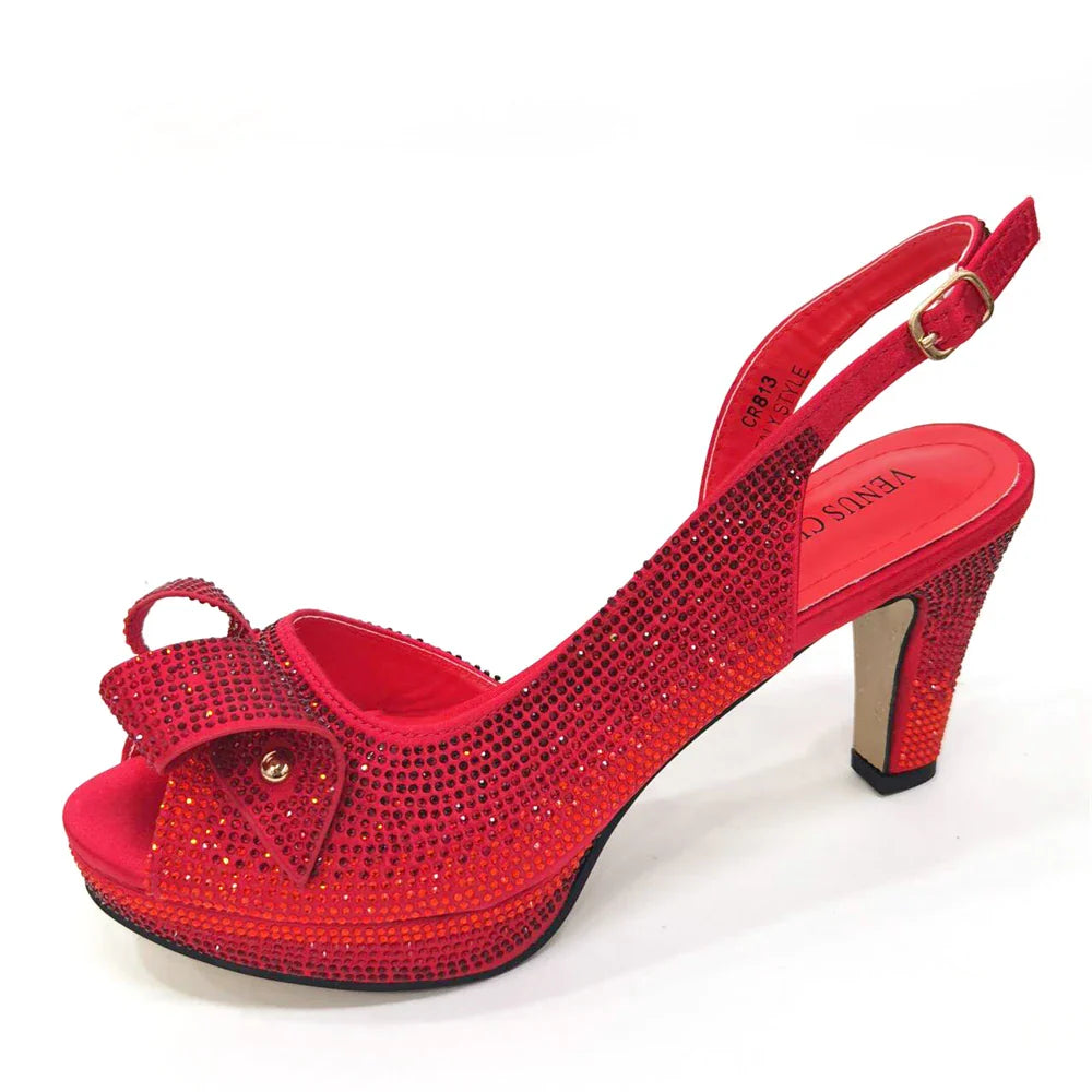 Elegant peach high heels embellished with rhinestones, perfect for summer parties and formal occasions, featuring a stylish peep toe design from Venus Chan.