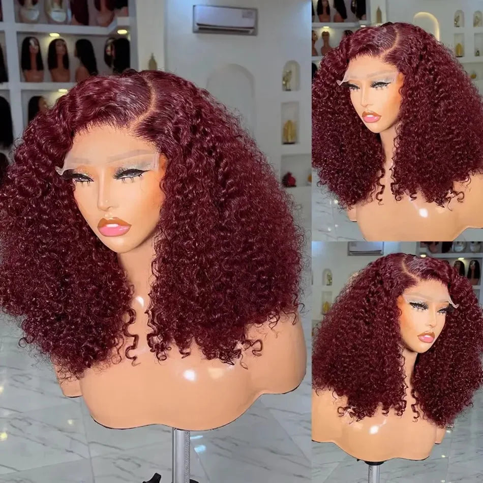 Close-up view of Luxury Water Wave Bob Lace Front Wig in 99J Red Burgundy, highlighting the trendy water wave texture and average cap size.
